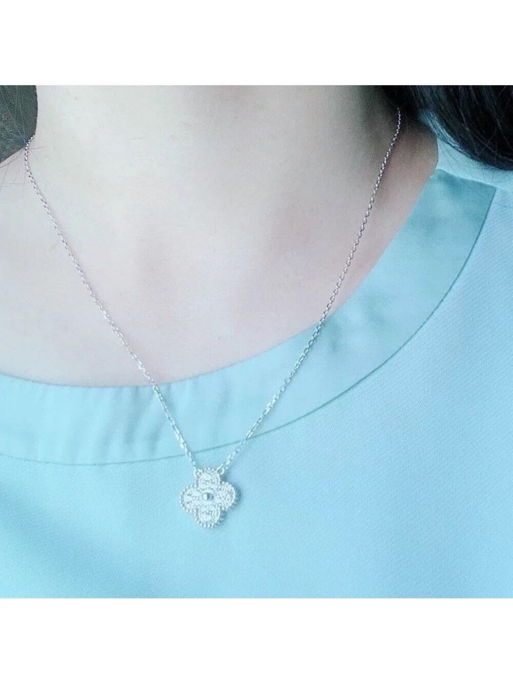 18K GP 925 Sterling Silver four leaf clover pave CZ 16”-18” adjustable necklace - Picture 5 of 5